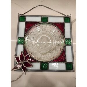 Stained‎ Glass Christmas Pointsettia Square Hanging Window Decor Upcycled Saucer